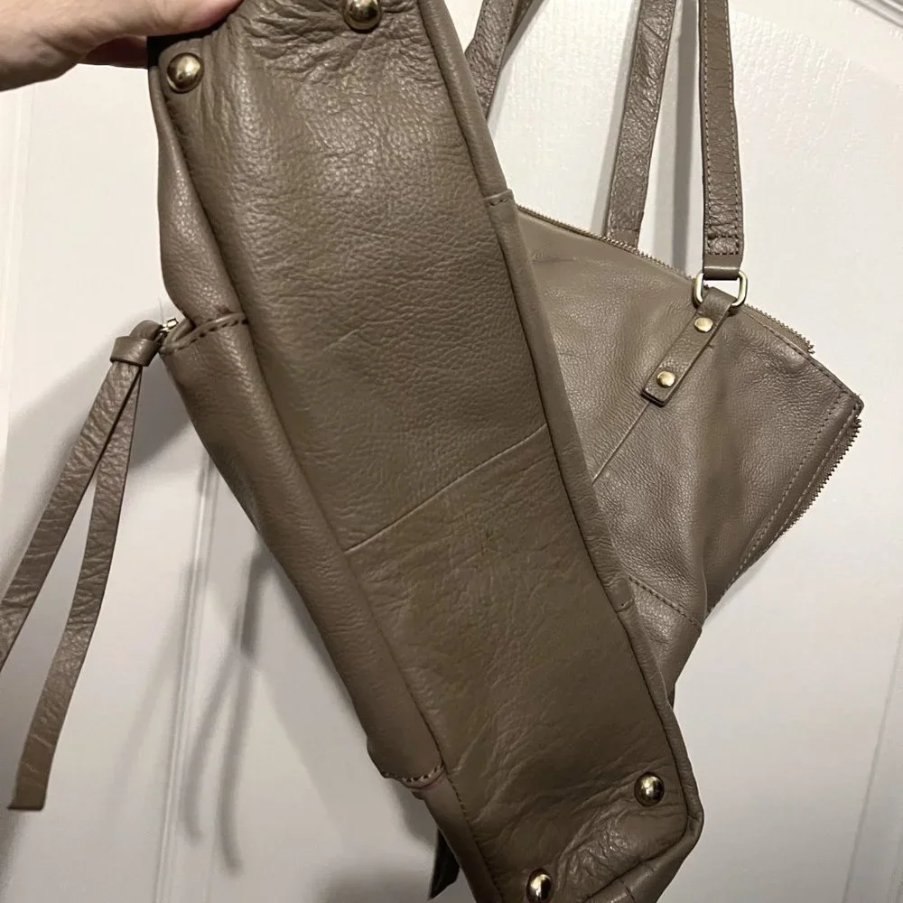 KOOBA Large Taupe Leather Purse-2 Straps-Soft-Gold-Purple Lining-Expands-Hobo